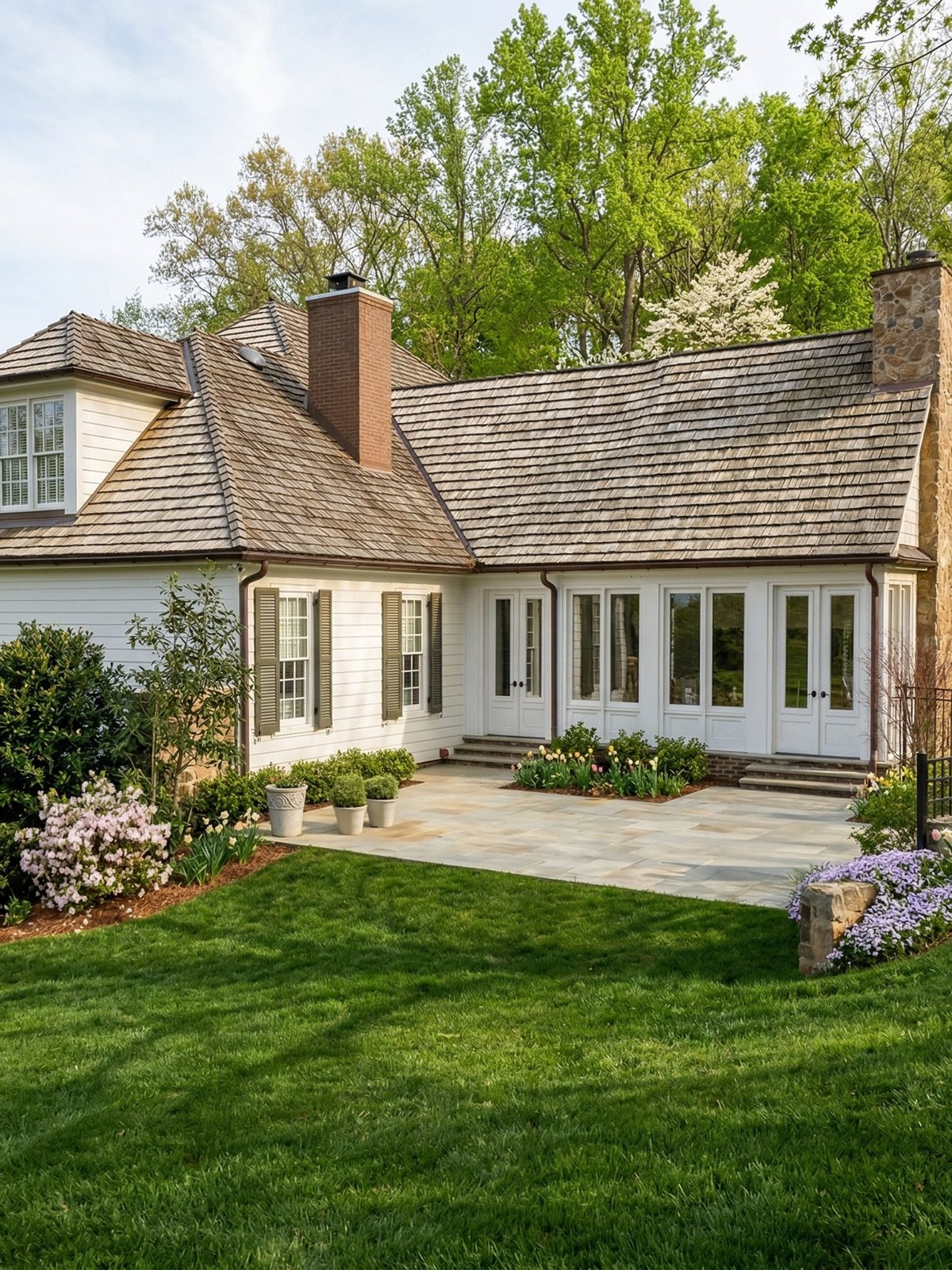 Custom home with bluestone patio and landscaped lawn by Studio 16